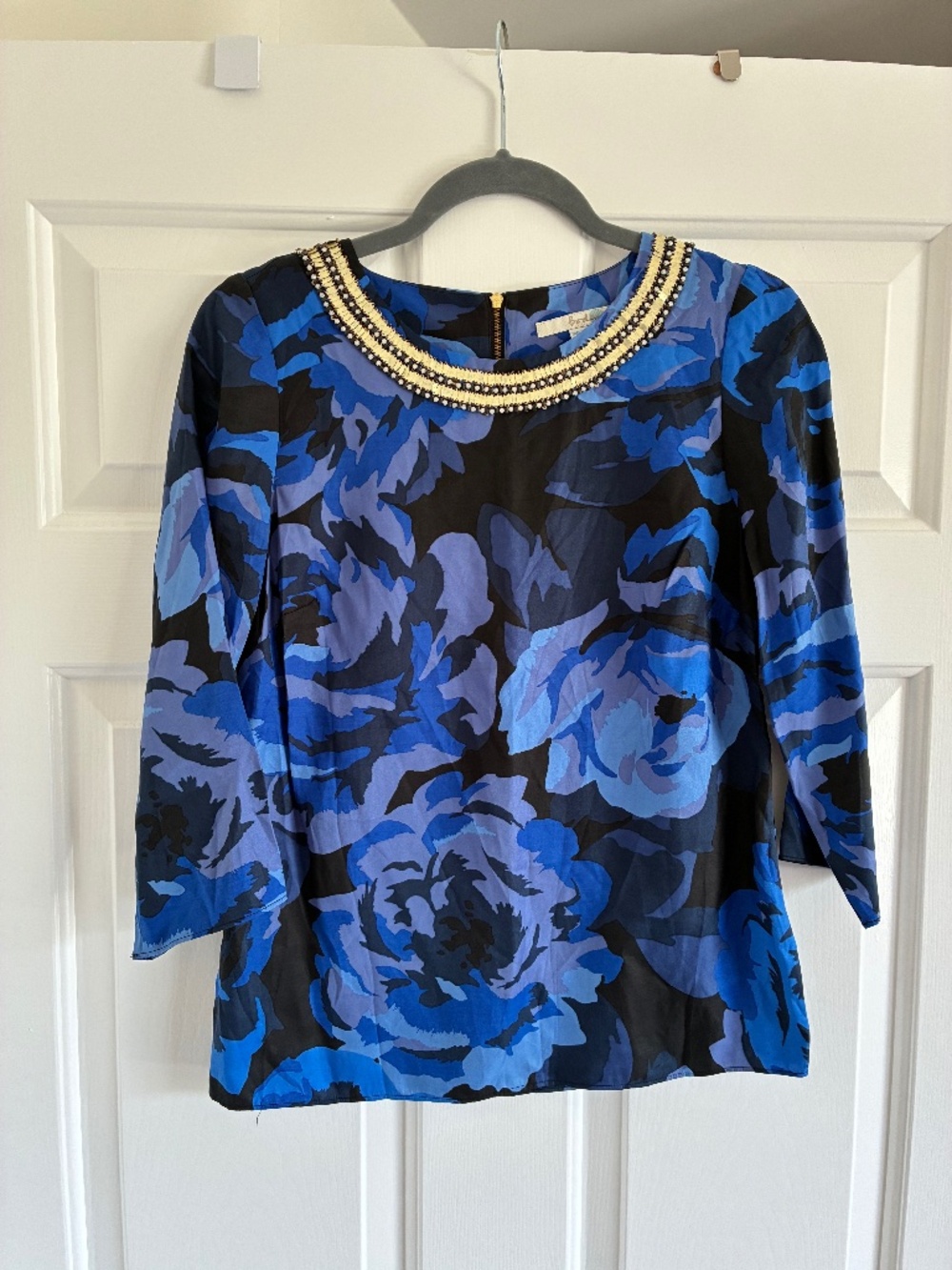 Boden blue silk beaded embellished 3/4 sleeve blouse top 2 XS S